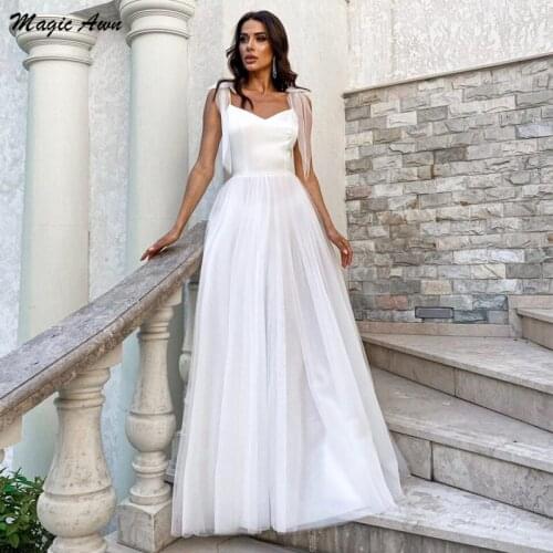 Magic Awn Simple White Boho Wedding Dresses For Women Bow Straps Pleat Beach A-Line Bridal Gowns Customized Vestidos De Novia