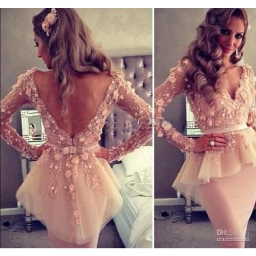 Elegant high quality sexy backless pink V neck deep V back lace real customized party prom gown long sleeve bridesmaid dresses