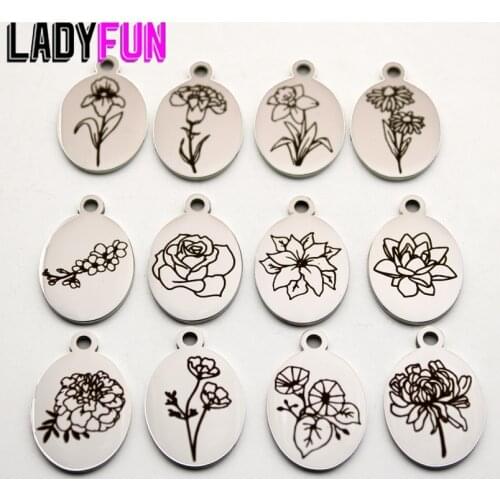 1 Set Birth Month Flower Charm Stainless Steel Birth Flowers Charms High Polish Mirror Surface Pendant 12pcs