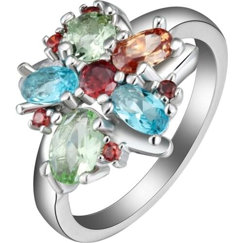 2017 Attractive silver plated multicolour flower floral oval opals crystal rings for women engeagement party ring jewellery