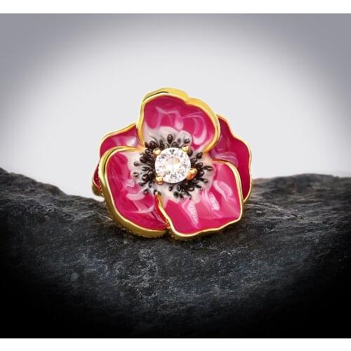 925 Silver High Quality Epoxy Pink Enamel Flower Ring For Women Fashion Jewelry Gift White Zircon Wedding Party Engagement