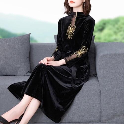 Black Gold Velvet Vintage Embroidery maxi Dresses 2021 Autumn Winter Casual 3XL Plus Size Dresses Women Elegant Bodycon Vestidos