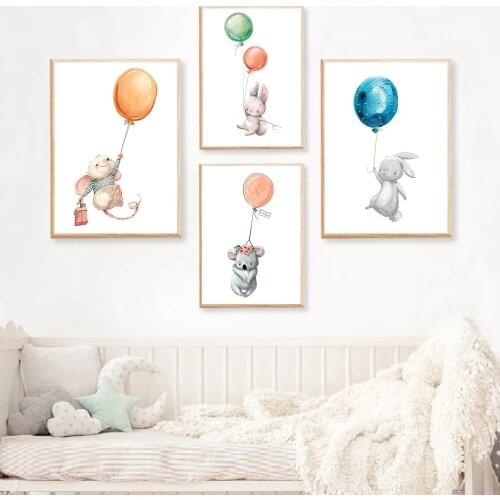 Baby Rabbit Poster Nursery Wall Art Canvas Painting Bunny Balloon Animal Print Nordic Posters Wall Pictures Kids Room Decoration