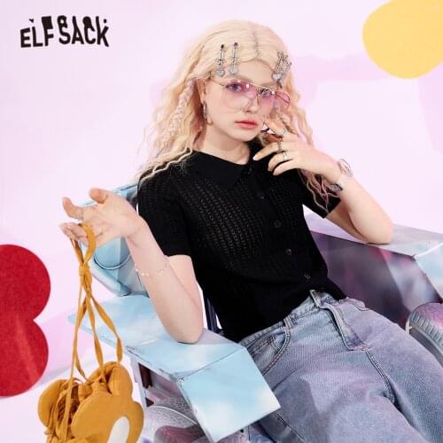 ELFSACK Solid Pure Chic Single Breasted Knit Casual Women Cardigan 2021 Summer ELF Vintage Girly Basic Daily Thin Knitwear Top