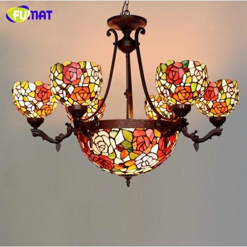 FUMAT Pendants Light Classic Stained Glass Tiffany Rose Shade Lighting Fixture Living Room European Luxury LED Pendant Lamp