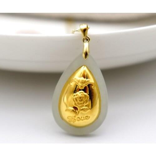 Natural Hetian Drop Shape Nephrite Jade Necklace 24k Gold Honeybee Flower Lucky Amulet Pendants Men Women Lovers Fine Jewelry