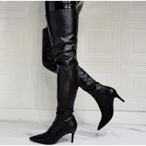 Leather Stocking Women Thigh High Boots High Heels Pointed Toe Ladies Shoes Waterproof Black Stiletto Over The Knee Long Boots