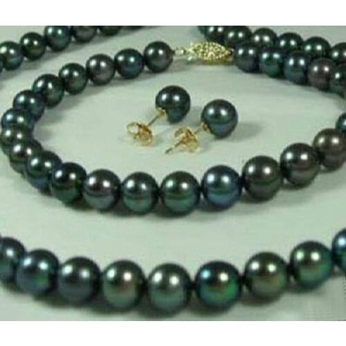 Beautiful new free shipping 8-9mm natural black pearl necklace bracelet earring jewelry sets BV480