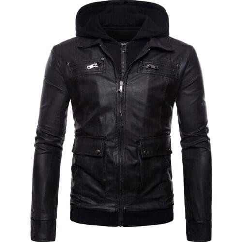 New Brand Fake 2 Pieces Hooded Leather Jacket Men Autumn Casual Motorcycle Biker Leather Jackets Coats Zipper Bomber Jacket Male