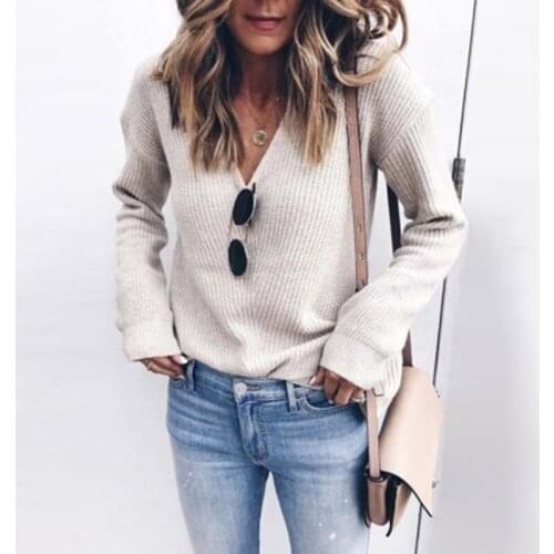 Fashion 2020 New Solid V-neck Sweater Long-sleeved Autumn and Winter Womens Sweater Multicolor Fashion Loose All-match Lady Top