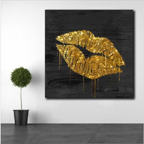 Fashion Modern Printed Wall Art Pop Art Golden Lips Oil Painting Poster Print Canvas Wall Picture for Living Room Unframed