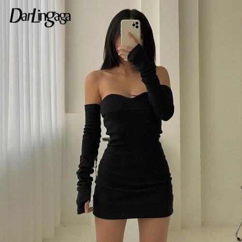 Darlingaga Fashion Off Shoulder Sexy Autumn Dress Female Long Sleeve Bodycon Solid Basic Casual Black Dresses Slash Neck Clothes