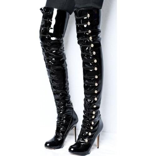 Fashion runway black thigh high boots sexy pointed toe high heels women autumn winter shoes button studded over the knee booties