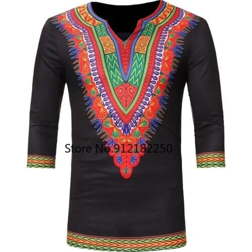 Mens African Dashiki Shirt 2021 Brand New Three Quarter Sleeve V Neck T-shirt Men Slim Fit Hip Hop Tops Tees Shirt Homme