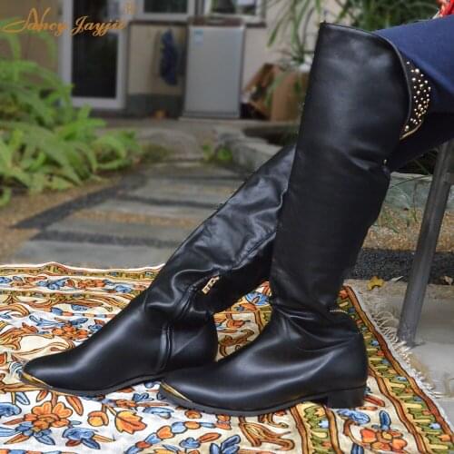 Nancyjayjii Women Black Leather Winter Snow Mental Over-the-Knee 5050 Shoes Woman Boots Genuine Cow Leather Height Increasing