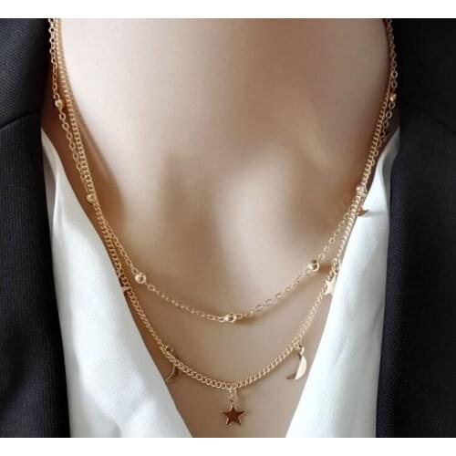 New Fashion Alloy Moon Stars Necklace For Women Korean Pop Simple Temperament Metal Chain Vintage Jewelry Wholesale