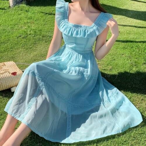 New Arrival Summer Elegant Ladies Boho Dress Sexy Off-The-Shoulder Dress Women Lace Sleeveless Ruffles Beach Holiday Dress