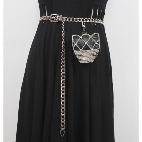 2021 Luxury Rhinestone Waist Packs For Women Black PU Leather Waist Bag Long Size Metal Chain Waist Belt With Crystal Coin Bag