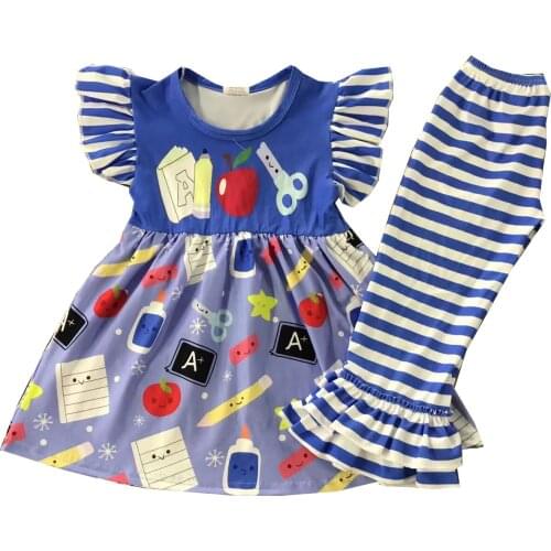 Back to school ruffle sleeve tunic top with stripe pant girl clothing set