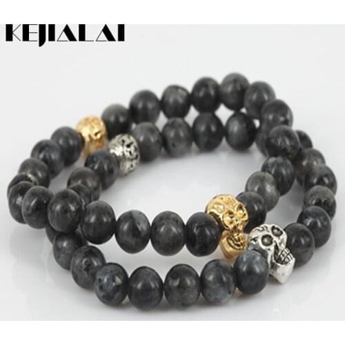 High Quality Gold/Silver Color Skull Head Men Charm Stretch Bracelet Natural 8mm Iron Ore Round Gem Stone Beads Women Bracelet