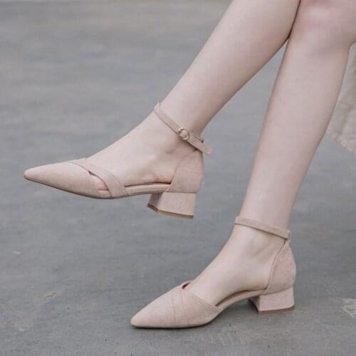 COOLULU Med Heels Two Piece Shoes Women Pointed Toe Ankle Strap Dress Pumps Buckle Chunky Heel Ladies Footwear Beige Big Size 43