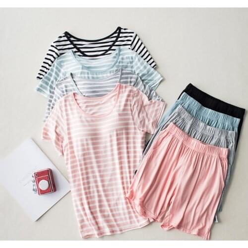 New Modal Lady Short Sleeve Pajamas Set with Bra Pad Bra One Piece Half Sleeve Shorts Striped Loose Large Size Home Wear Set