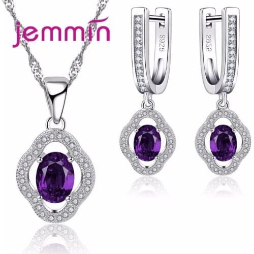 European Purple Crystal Jewelry Sets For Women Wedding S925 Stamped Silver Necklace Earrings Set Bijoux Femme Accessory