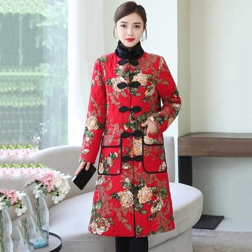Chinese Style Clothing Women Trench Coats Winter Windbreakers Long Jackets Cotton Robe Vintage New Year Chinese Clothing 11733