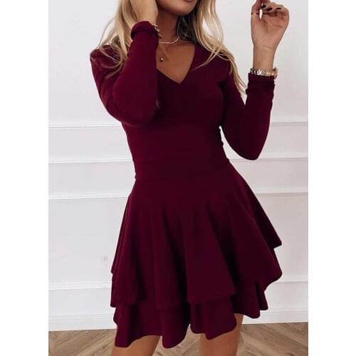 Mini Sleeves Womens Dress 2021 New Fashion Solid Color 2 Layers Ladies Long Sleeve Dress Clothes