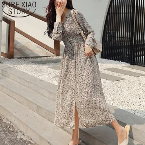 Elegant Women Dress 2021 Long Sleeve V-Neck Dot Chiffon Dress Button A-Line Empire Dresses Fashion Korean Vintage Dress 8560 50