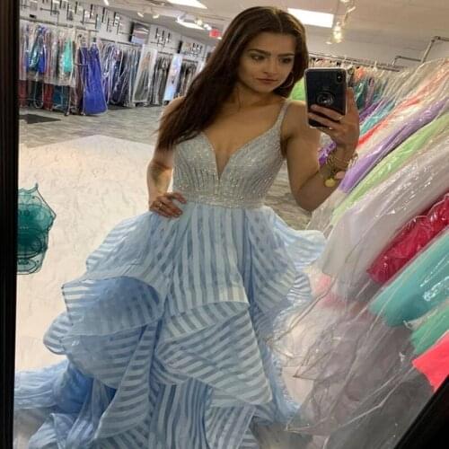 Stripe Prom Dress 2019 Ball Gown Ruffle Skirt vestidos de fiesta largos elegantes de gala Light Blue Long Homecoming Gown V Neck