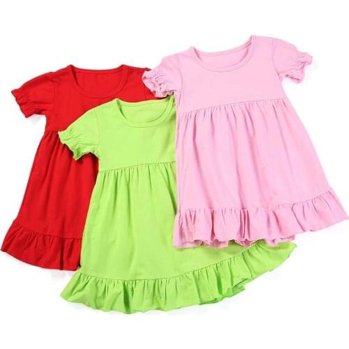 100% cotton summer blank toddler solid color short puff sleeve little baby girls ruffle dress