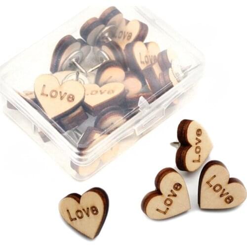 20pcs Love Heart Shape Pushpin Wooden Push Pins Decorative Thumbtack Photo Thumb Tack Pin Office Binding Supplies Stationery Pin