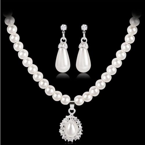 2020 Royal Style Princess Imitation Pearl Teardrop Pendant Elegant Necklace Earrings collier mariage Christmas present gumus set