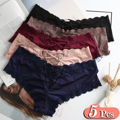 5Pcs/Lot Back Design Satin Sexy Lace Panties Women Thong Set Solid Seamless Underwear Soft High Level Crotch Cotton Breifs
