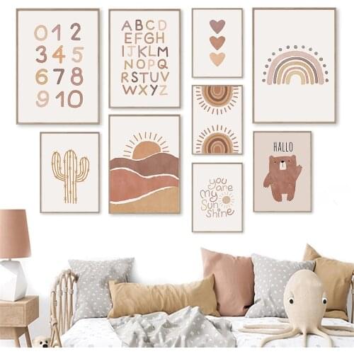 Alphabet Boho Canvas Poster Abstract Heart Sun Rainbow Print Cactus Nursery Wall Art Painting Nordic Picture For Kids Room Decor