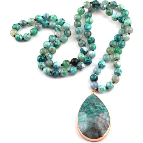 Free Shipping Fashion Semi Precious Stones Agat long Knotted Natural Stone Pendant Necklaces For Women Ethnic Necklace