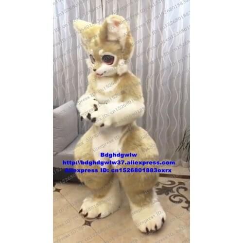 Beige Long Fur Furry Wolf Husky Dog Fox Fursuit Mascot Costume Adult Cartoon Character Outfit Allen Lovely Temple Fair zx3004