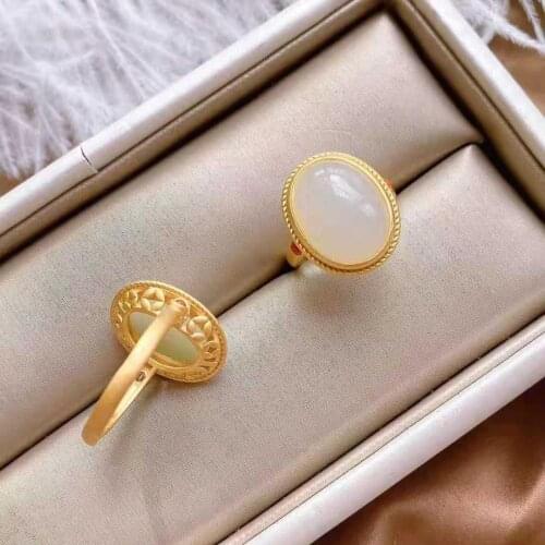 Natural Hetian Jade White Jade Ring S925 Sterling Silver Gilding Ring Open Adjustable Oval Egg Surface Simple Finger Ring