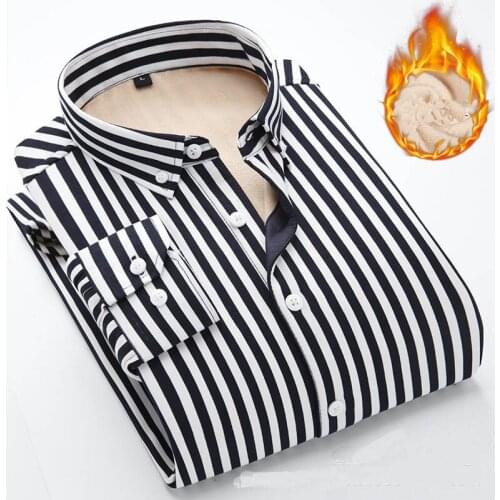 Quality Mens Winter Warm Plush Slim Shirts Striped Long Sleeves Mens Dress Shirts Camisa Masculina Brand Casual Male Shirt Tops