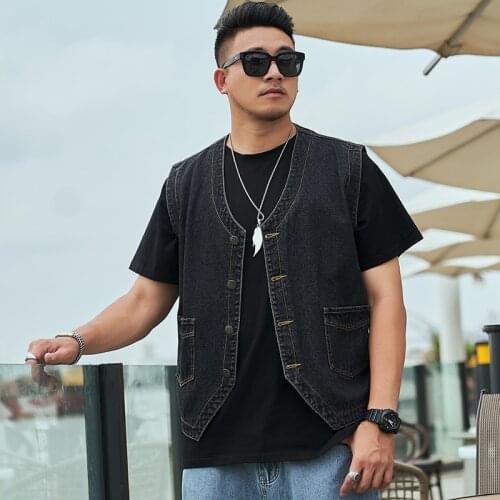 Large Size L-8XL New Mens Fashion Loose Casual Black Sleeveless Vest Denim Vest Jacket Street Punk Style Denim Vest