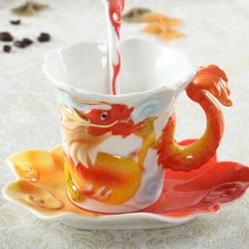 The new Japanese and Korean porcelain dragon phoenix coffee cup creative Tenglong mark tableware set