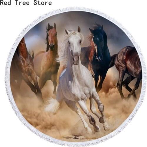 Animal Running Horse Printed Beach Towel Custom Design 150cm Circle Round Blanket Cover Portable for Outdoor Vacation Washable