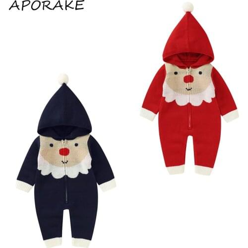 2021 0-18M Xmas Infant Baby Boy Girl Knitted Romper Cute Christmas Deer Zipper Hooded Long Sleeve Jumpsuit Winter Fall Outfit