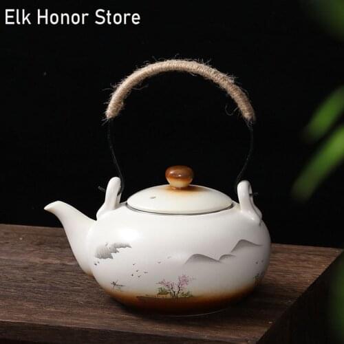 Japanese Style Vintage Dazzle Colour Pottery Pot Master Cups Handmade Hemp Rope Loop-handled Teapot Kungfu Household Teapot