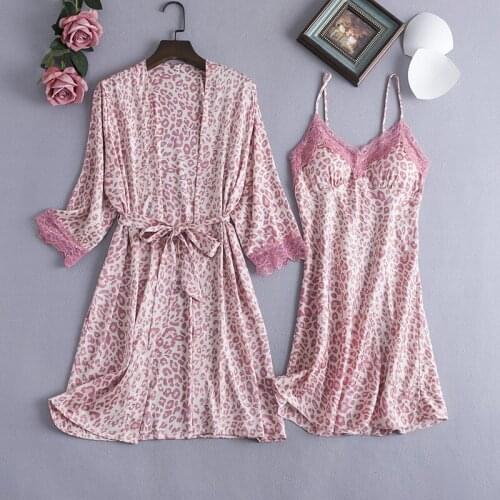 Womens Pajamas Fashion 2 Piece Pajamas Set Leopard Print Woman Sleepwear Artificial Silk Sling Robe With Chest Pad Sleepwear