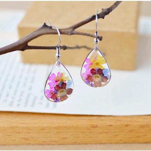 2017 New Hand Made Glass Frame Water Drop Shape Anti-allergy Real Colordul Dried Flowers Stud Earrings For Women Girls Wedding
