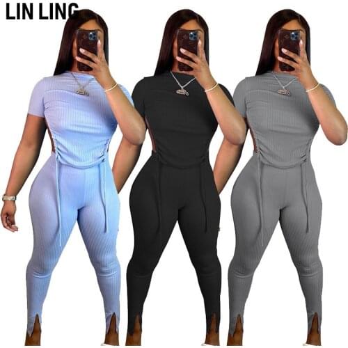 LINLING Womens Sexy 2 Piece Summer Outfits Long Sleeve Sexy Crop Top Pants Set Club Jumpsuits