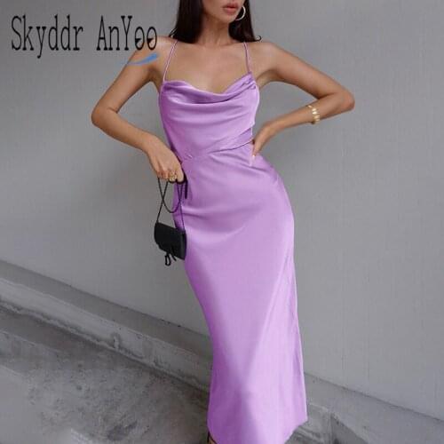 Summer Satin Women Party Dress 2021 Sleeveless Backless Bandage Sexy Midi Long Dress Slim Red Dress Robes