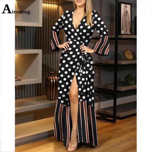 2021 New Patchwork Women Sexy V-neck Long Maxi Dress High Split Elegant Fashion Dot Dresses Plus size 3xl Female Straight Dress